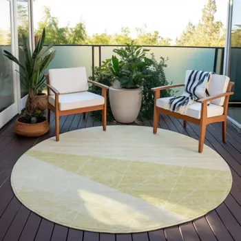 8' Wheat Gold And Ivory Round Geometric Washable Indoor Outdoor Area Rug