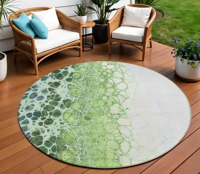 8' Green And Mint Green Round Abstract Washable Indoor Outdoor Area Rug