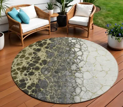 8' Beige Taupe And Chocolate Round Abstract Washable Indoor Outdoor Area Rug