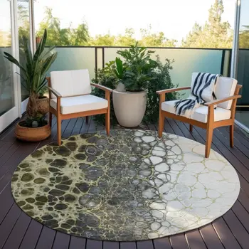 8' Beige Taupe And Chocolate Round Abstract Washable Indoor Outdoor Area Rug