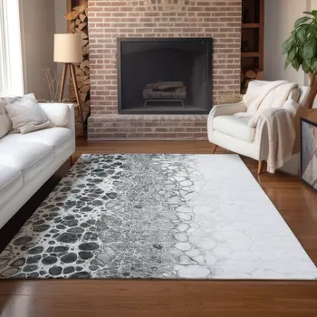 5' X 8' Gray Silver And Charcoal Abstract Washable Indoor Outdoor Area Rug