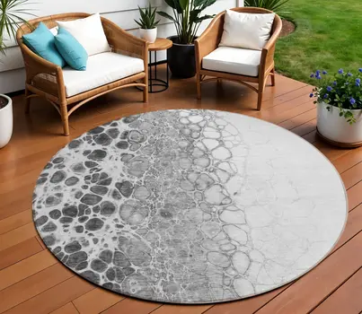 8' Gray Silver And Charcoal Round Abstract Washable Indoor Outdoor Area Rug