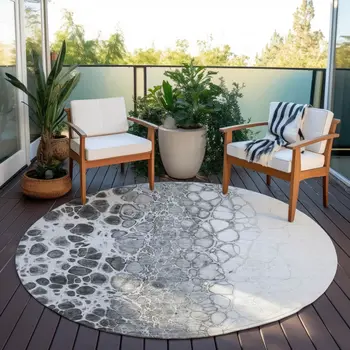 8' Gray Silver And Charcoal Round Abstract Washable Indoor Outdoor Area Rug