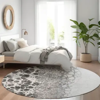 8' Gray Silver And Charcoal Round Abstract Washable Indoor Outdoor Area Rug