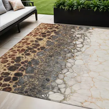 5' X 8' Ivory Gray And Gold Abstract Washable Indoor Outdoor Area Rug