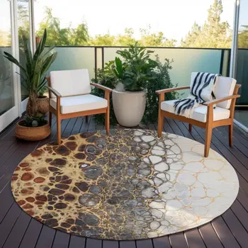 8' Ivory Gray And Gold Round Abstract Washable Indoor Outdoor Area Rug