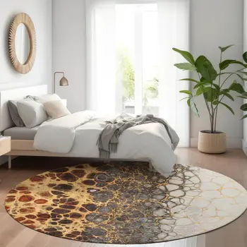8' Ivory Gray And Gold Round Abstract Washable Indoor Outdoor Area Rug