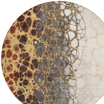 8' Ivory Gray And Gold Round Abstract Washable Indoor Outdoor Area Rug