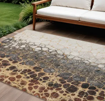 10' X 14' Ivory Gray And Gold Abstract Washable Indoor Outdoor Area Rug