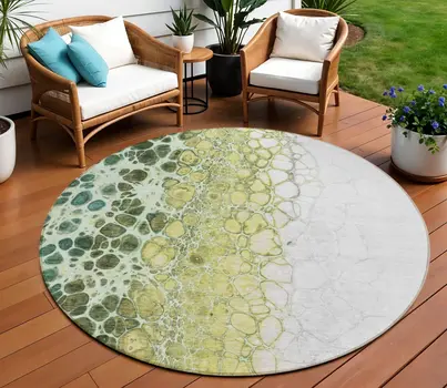 8' Olive Green And Gold Round Abstract Washable Indoor Outdoor Area Rug