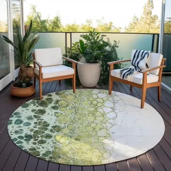 8' Olive Green And Gold Round Abstract Washable Indoor Outdoor Area Rug
