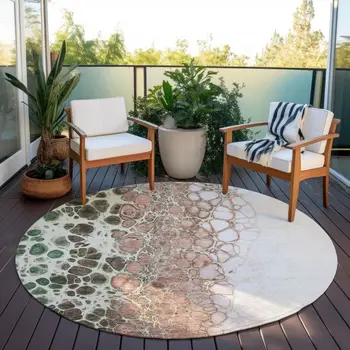 8' Salmon Green And Chocolate Round Abstract Washable Indoor Outdoor Area Rug