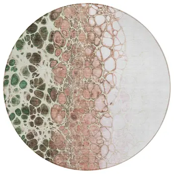 8' Salmon Green And Chocolate Round Abstract Washable Indoor Outdoor Area Rug