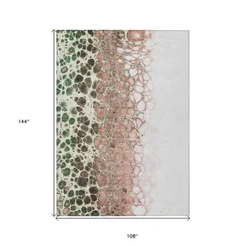 9' X 12' Salmon Green And Chocolate Abstract Washable Indoor Outdoor Area Rug