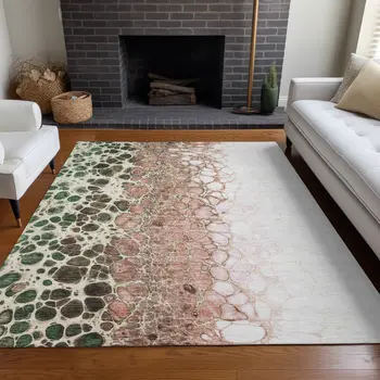 9' X 12' Salmon Green And Chocolate Abstract Washable Indoor Outdoor Area Rug