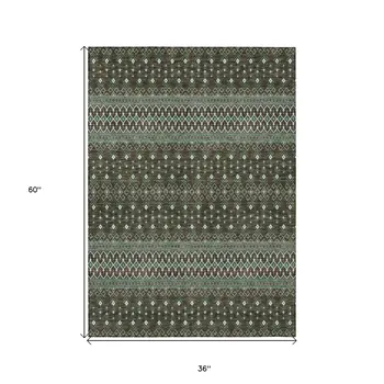 3' X 5' Brown Green And Olive Green Tribal Washable Indoor Outdoor Area Rug