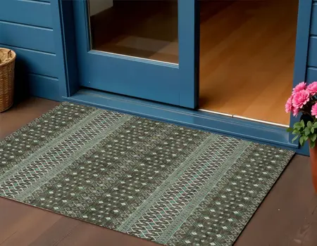 3' X 5' Brown Green And Olive Green Tribal Washable Indoor Outdoor Area Rug