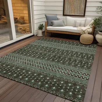 3' X 5' Brown Green And Olive Green Tribal Washable Indoor Outdoor Area Rug