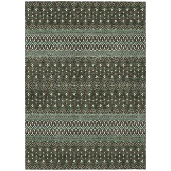 3' X 5' Brown Green And Olive Green Tribal Washable Indoor Outdoor Area Rug