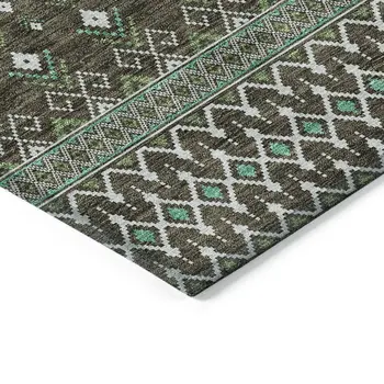 3' X 5' Brown Green And Olive Green Tribal Washable Indoor Outdoor Area Rug