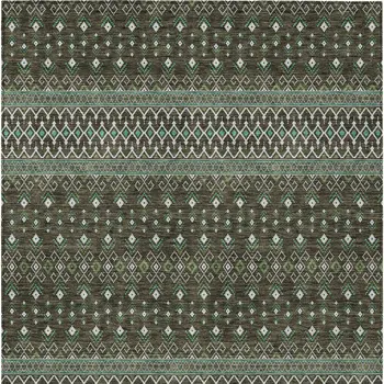 3' X 5' Brown Green And Olive Green Tribal Washable Indoor Outdoor Area Rug