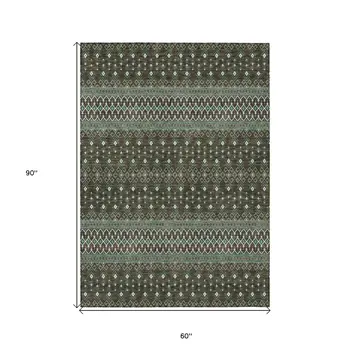 5' X 8' Brown Green And Olive Green Tribal Washable Indoor Outdoor Area Rug