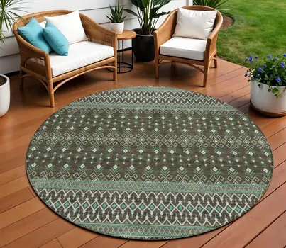 8' Brown Green And Olive Green Round Tribal Washable Indoor Outdoor Area Rug