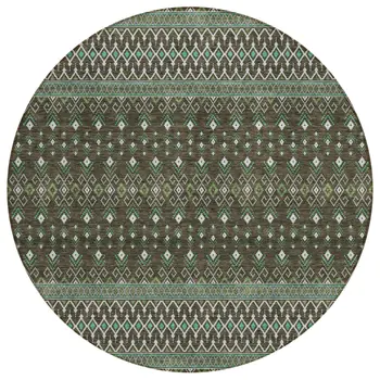 8' Brown Green And Olive Green Round Tribal Washable Indoor Outdoor Area Rug