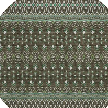 8' Brown Green And Olive Green Round Tribal Washable Indoor Outdoor Area Rug