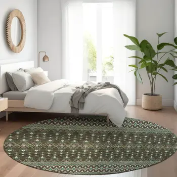 8' Brown Green And Olive Green Round Tribal Washable Indoor Outdoor Area Rug