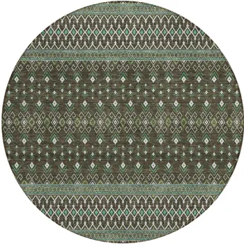 8' Brown Green And Olive Green Round Tribal Washable Indoor Outdoor Area Rug
