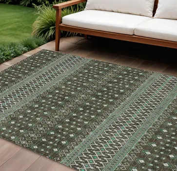 8' X 10' Brown Green And Olive Green Tribal Washable Indoor Outdoor Area Rug
