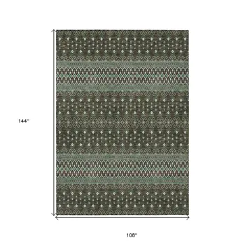 9' X 12' Brown Green And Olive Green Tribal Washable Indoor Outdoor Area Rug