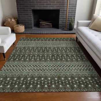 9' X 12' Brown Green And Olive Green Tribal Washable Indoor Outdoor Area Rug