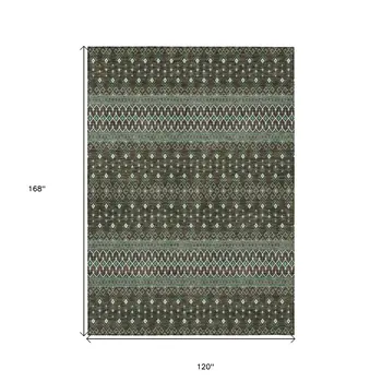 10' X 14' Brown Green And Olive Green Tribal Washable Indoor Outdoor Area Rug