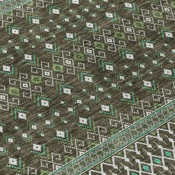 10' X 14' Brown Green And Olive Green Tribal Washable Indoor Outdoor Area Rug