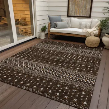 3' X 5' Chocolate Taupe And Copper Tribal Washable Indoor Outdoor Area Rug