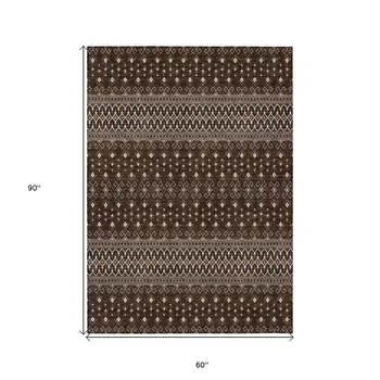 5' X 8' Chocolate Taupe And Copper Tribal Washable Indoor Outdoor Area Rug