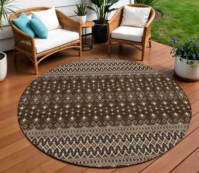 8' Chocolate Taupe And Copper Round Tribal Washable Indoor Outdoor Area Rug