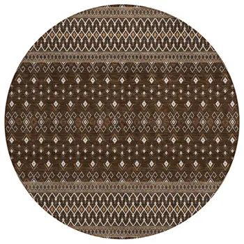 8' Chocolate Taupe And Copper Round Tribal Washable Indoor Outdoor Area Rug
