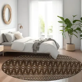 8' Chocolate Taupe And Copper Round Tribal Washable Indoor Outdoor Area Rug