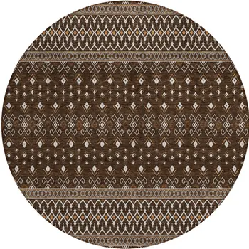 8' Chocolate Taupe And Copper Round Tribal Washable Indoor Outdoor Area Rug