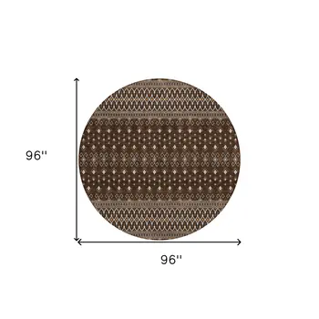 8' Chocolate Taupe And Copper Round Tribal Washable Indoor Outdoor Area Rug