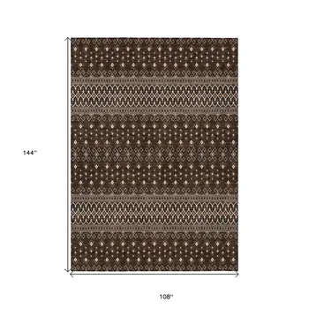 9' X 12' Chocolate Taupe And Copper Tribal Washable Indoor Outdoor Area Rug