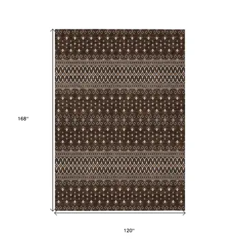 10' X 14' Chocolate Taupe And Copper Tribal Washable Indoor Outdoor Area Rug
