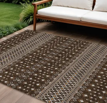 10' X 14' Chocolate Taupe And Copper Tribal Washable Indoor Outdoor Area Rug