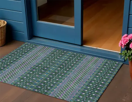 3' X 5' Green Blue And Purple Tribal Washable Indoor Outdoor Area Rug