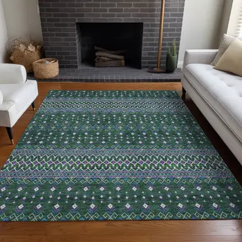 3' X 5' Green Blue And Purple Tribal Washable Indoor Outdoor Area Rug