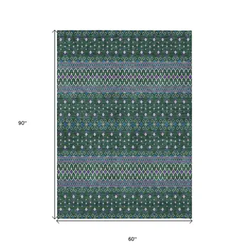 5' X 8' Green Blue And Purple Tribal Washable Indoor Outdoor Area Rug