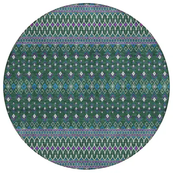 8' Green Blue And Purple Round Tribal Washable Indoor Outdoor Area Rug